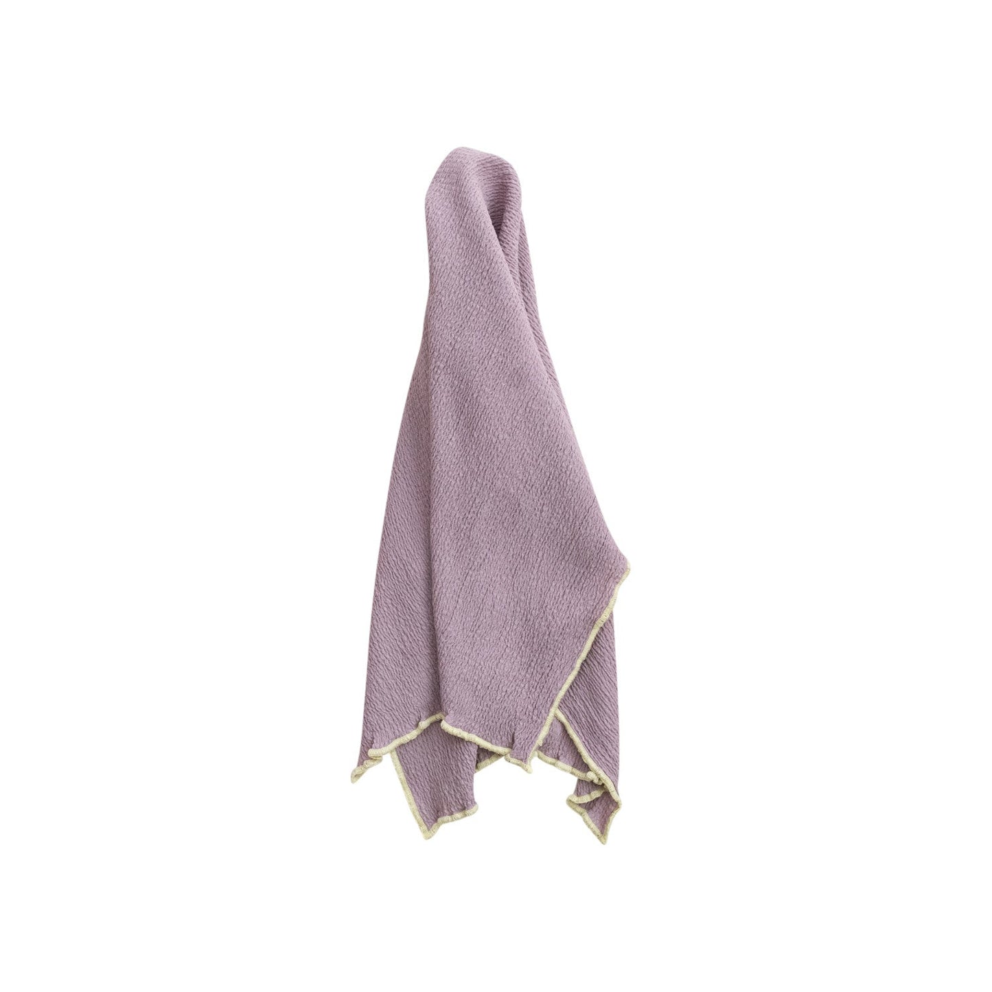 textured lavender tea towel with pale yellow stitching on hem draped on a white background