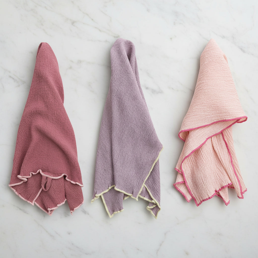 3 assorted color towels draped on a marble surface