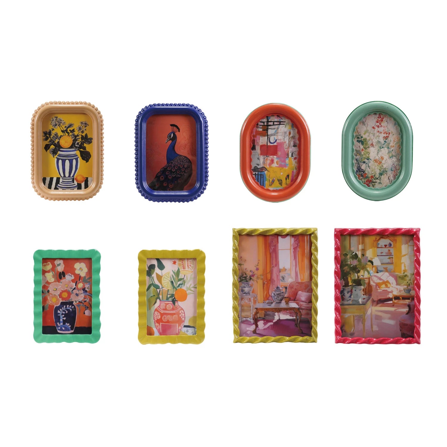 colorful decorative frames with various designs in 2 rows on a white background