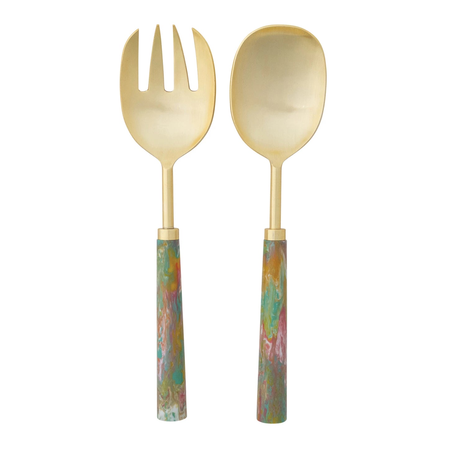 Gold fork and spoon serving set with colorful handles on a white background