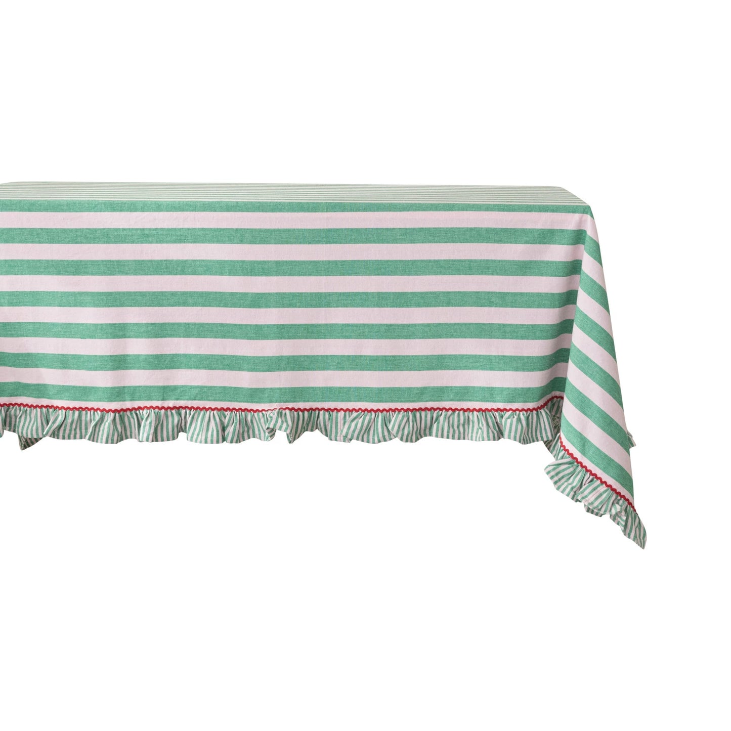 Striped tablecloth with green and pink horizontal stripes on a white background