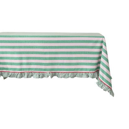 Striped tablecloth with green and pink horizontal stripes on a white background