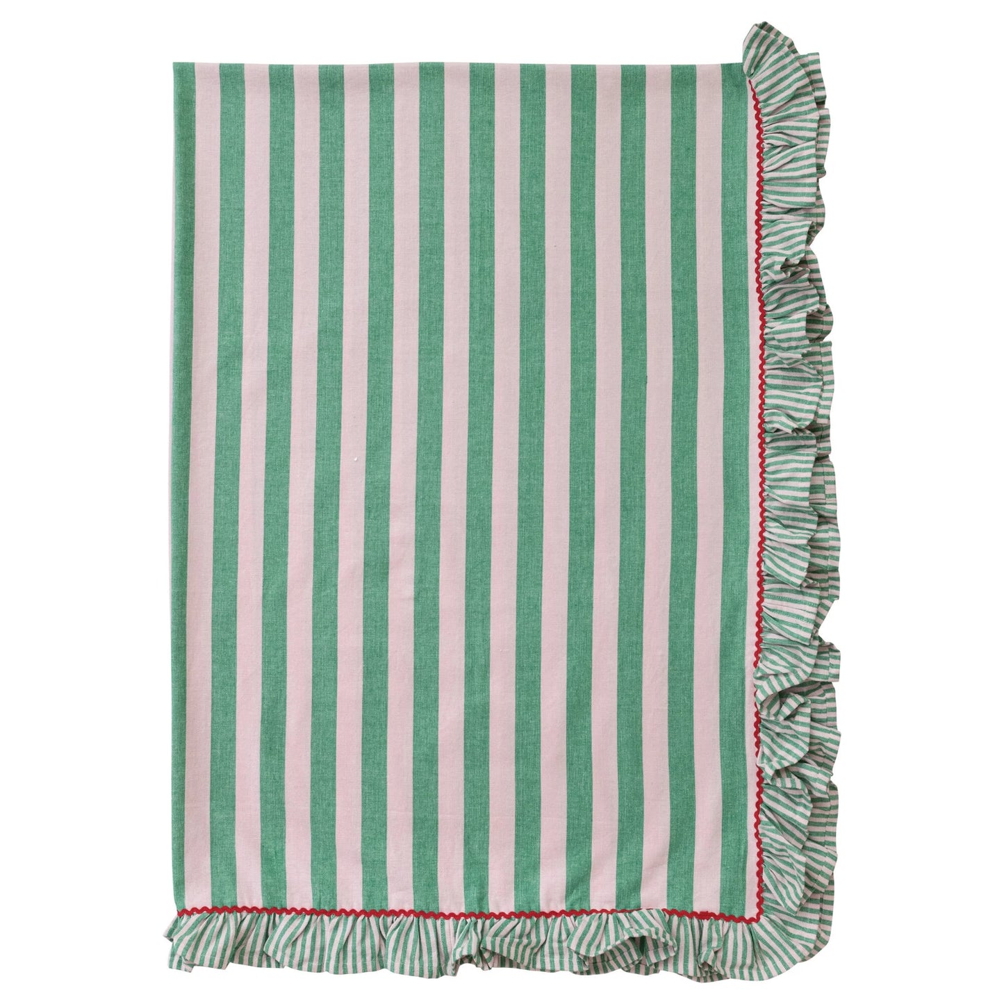 Striped table cloth with green and pink vertical stripes and a ruffled edge on a white background