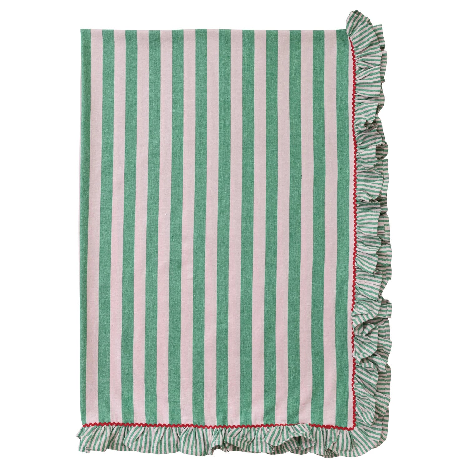 Striped table cloth with green and pink vertical stripes and a ruffled edge on a white background