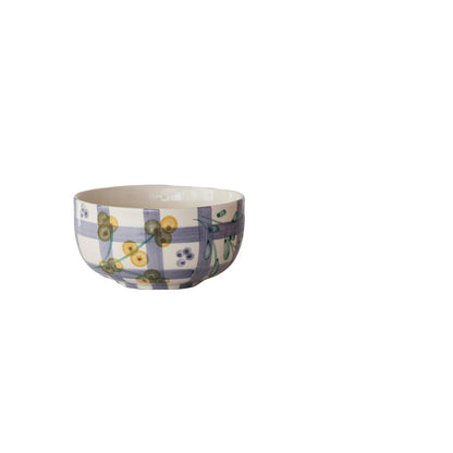 ceramic bowl with lavender plaid and floral pattern