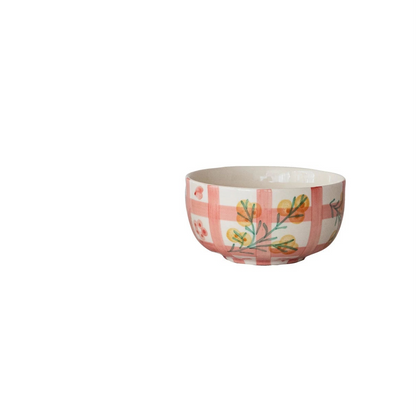 ceramic bowl with pink plaid and yellow floral pattern