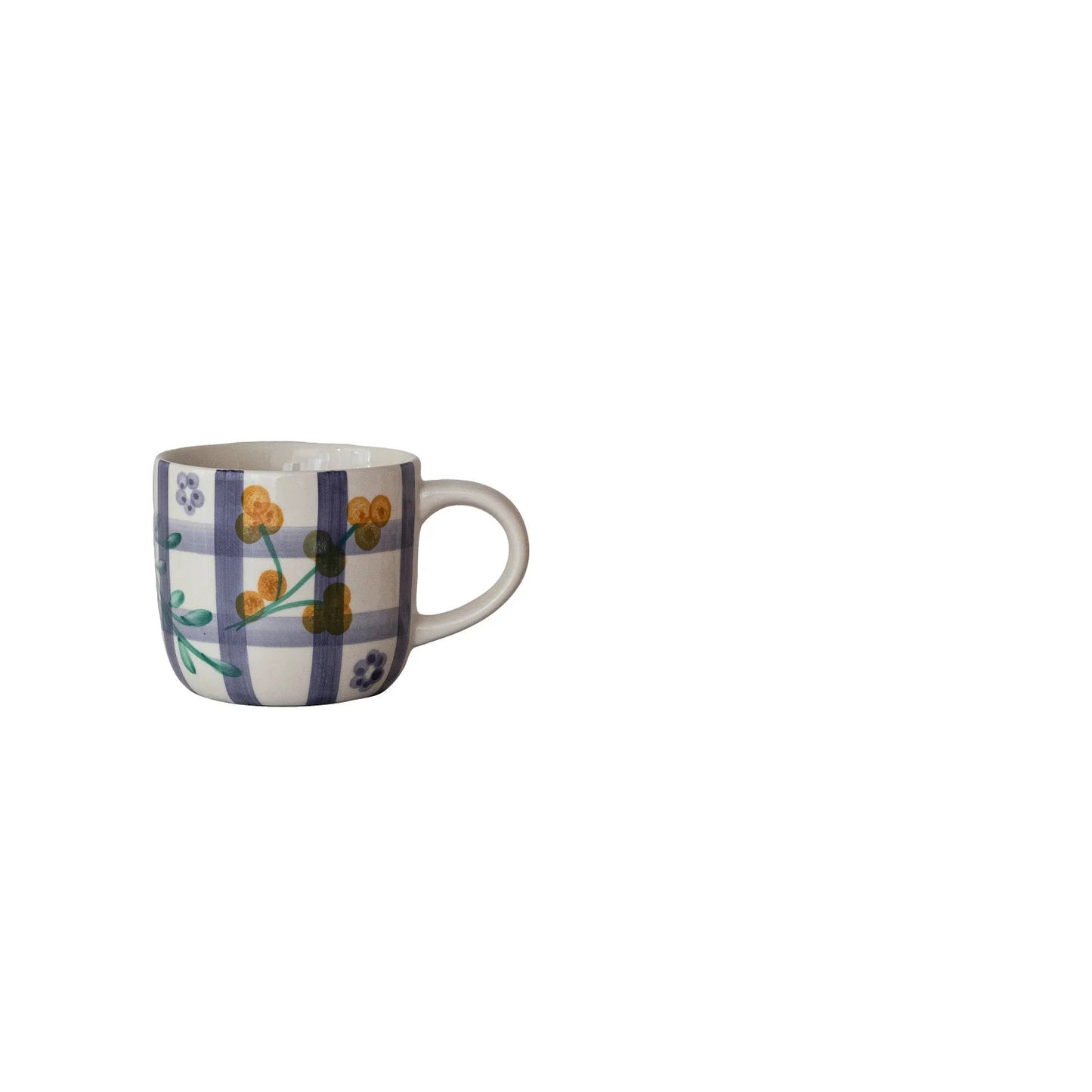 mug with floral and purple plaid patterns on a white background