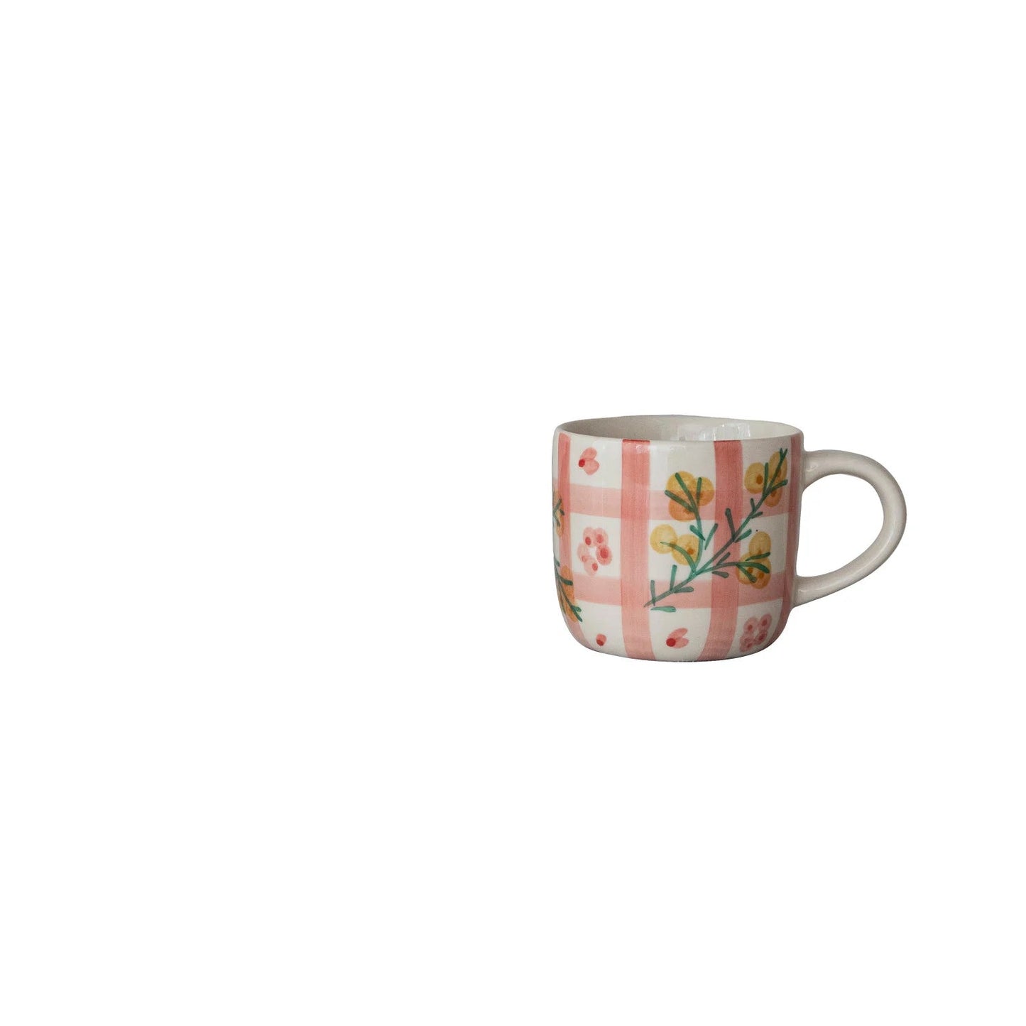 mug with floral and pink plaid patterns on a white background