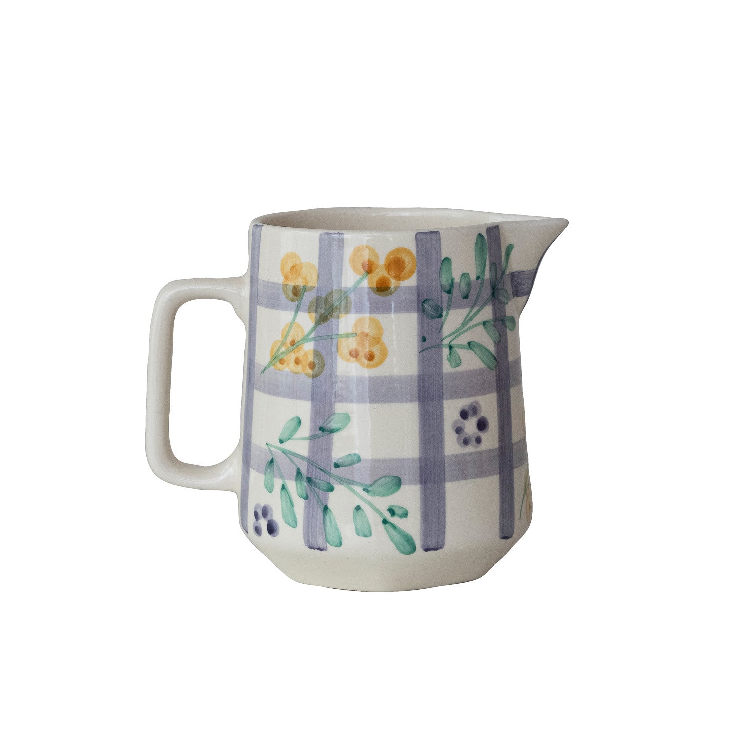 Ceramic pitcher with floral and plaid design on a white background