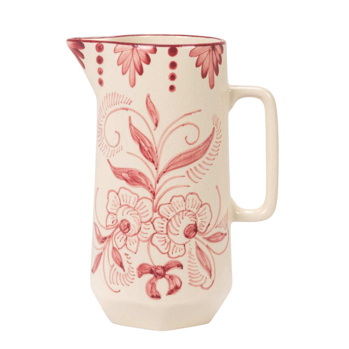 view of other side of An off-white ceramic pitcher decorated with a dusty red floral pattern