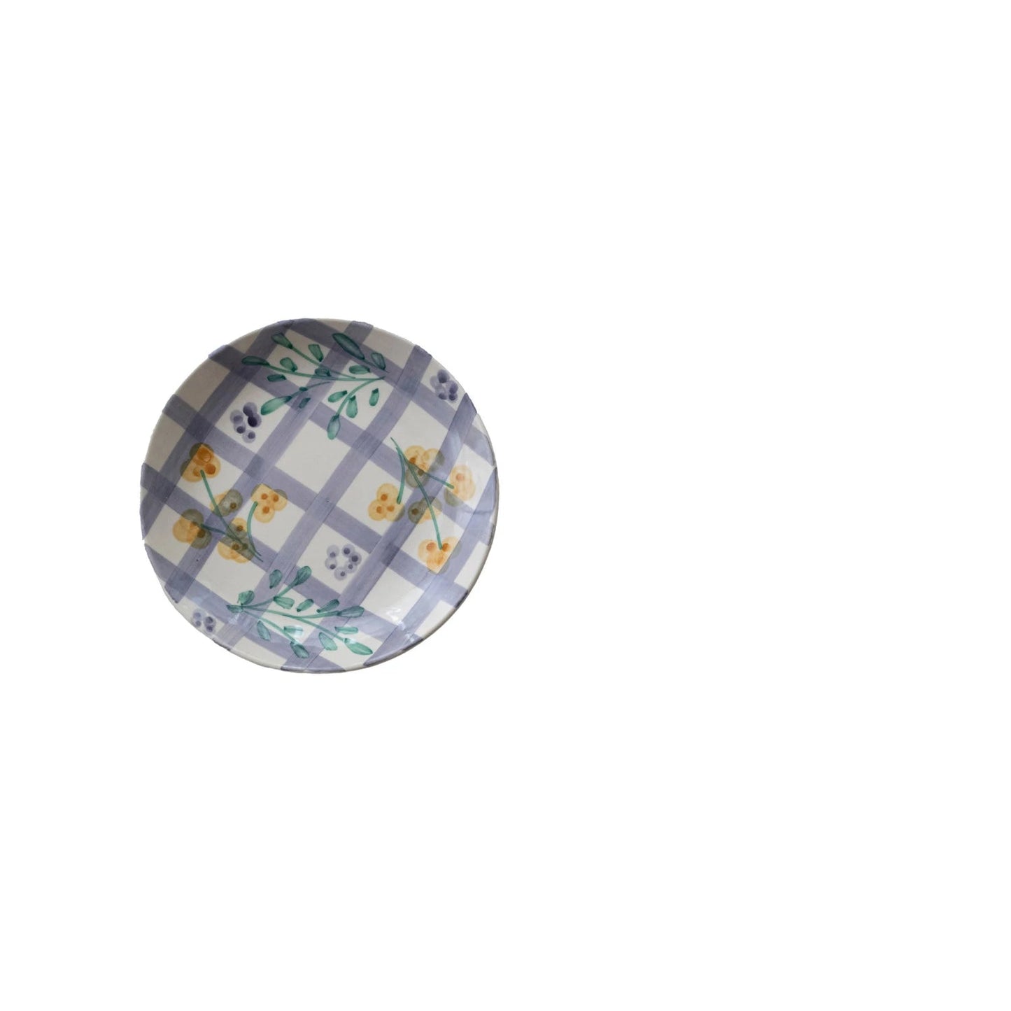 plate with lavender plaid and floral design on a white background