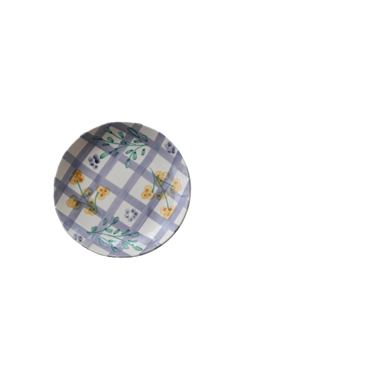 plate with lavender plaid and floral design on a white background