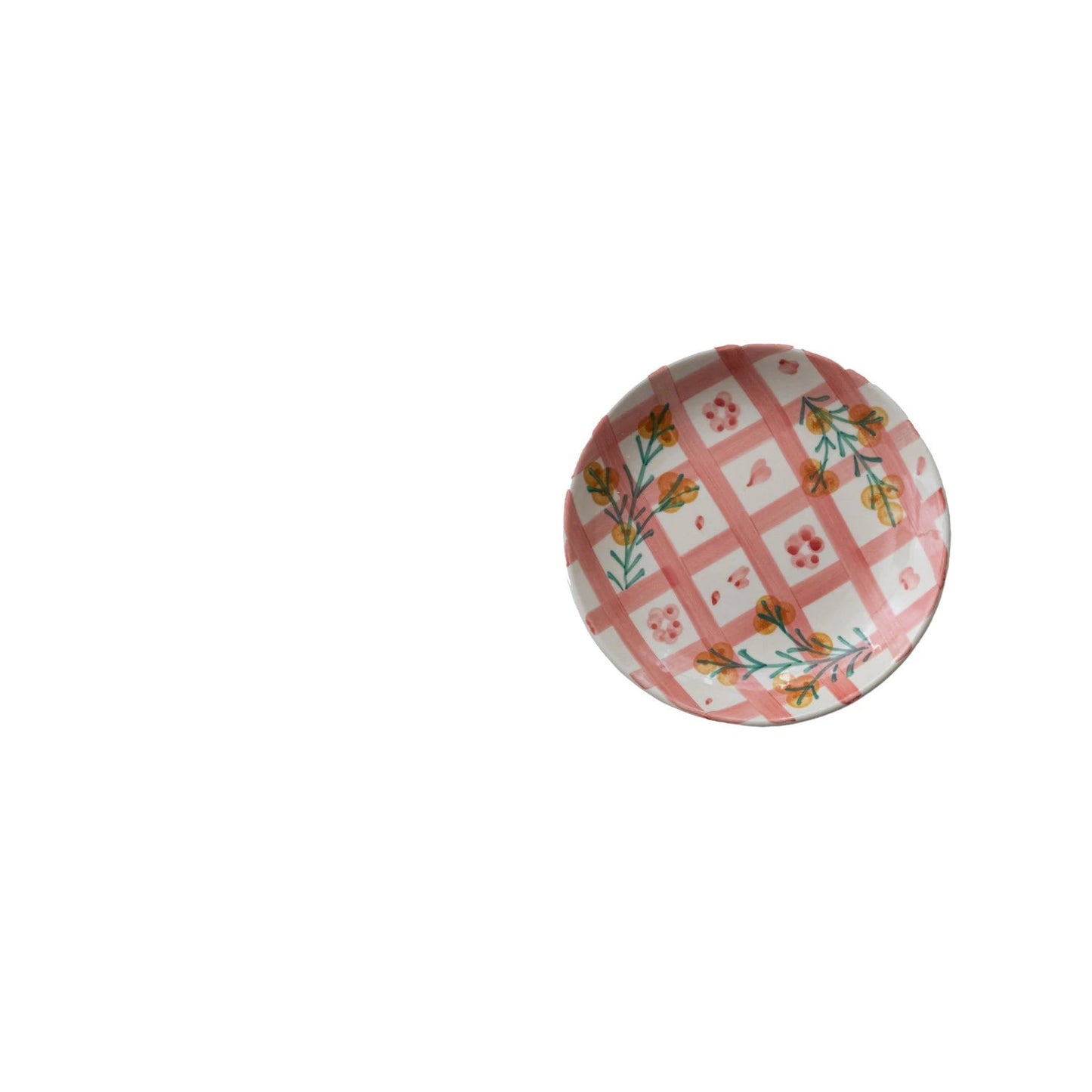 plate with pink plaid and floral design on a white background