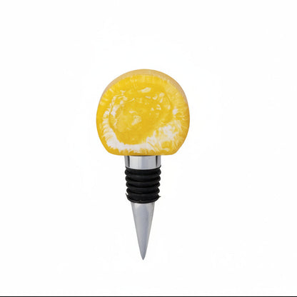 bottle stopper with yellow  marbled resin top