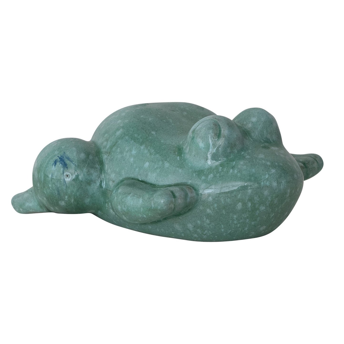 angled view of the teal blue ceramic floating frog figurine shown on a white background