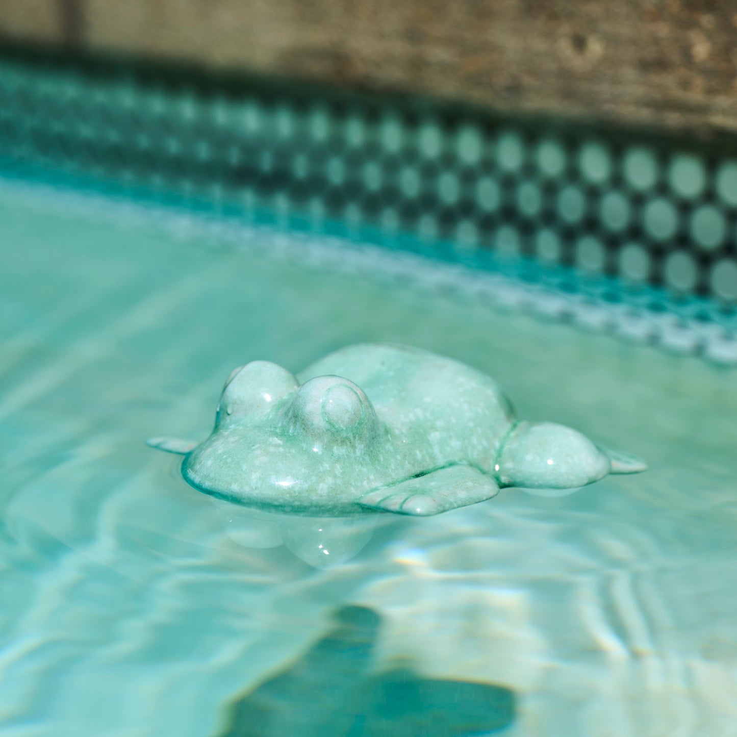 teal blue ceramic floating frog figurine in a swimming pool