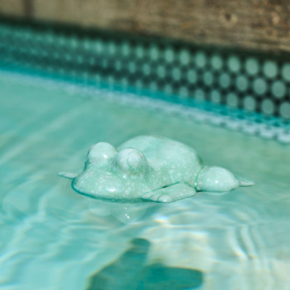 teal blue ceramic floating frog figurine in a swimming pool