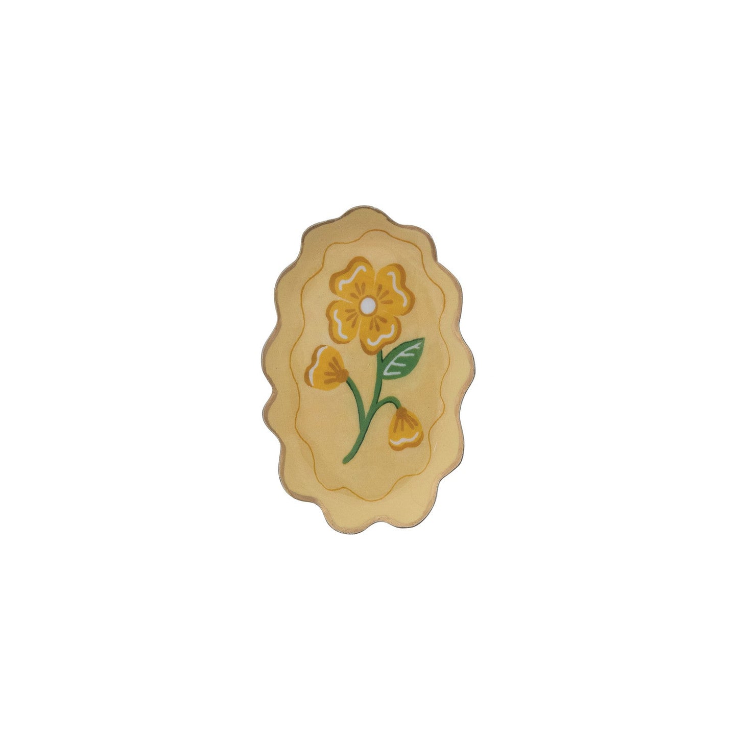 oval yellow tray with bright yellow floral design in the center