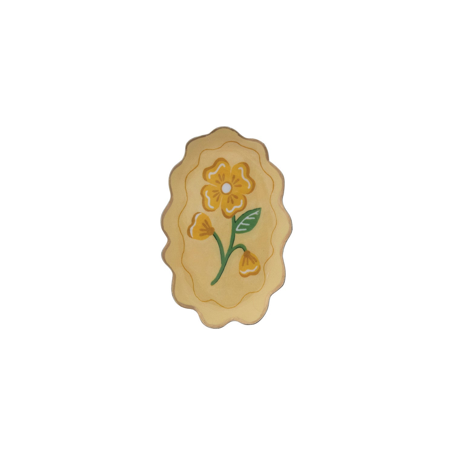 oval yellow tray with bright yellow floral design in the center