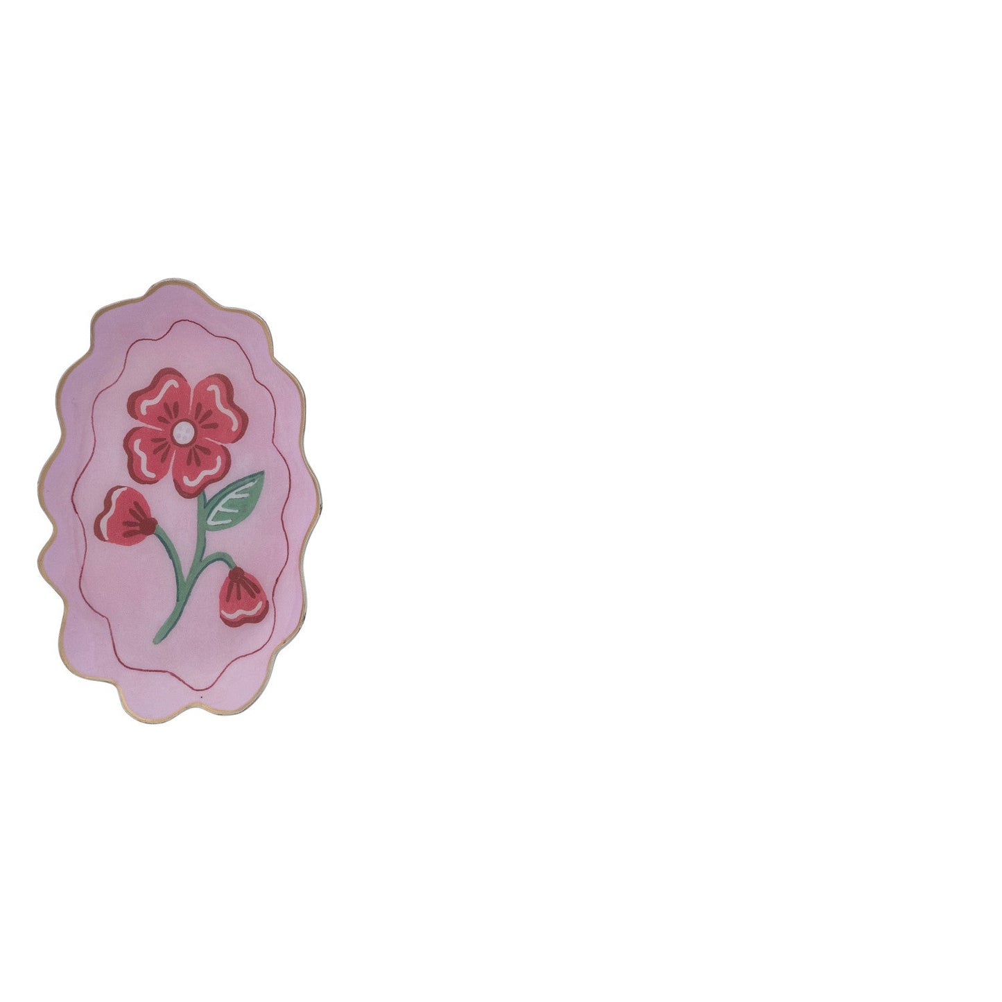 oval pink tray with bright pink floral design in the center