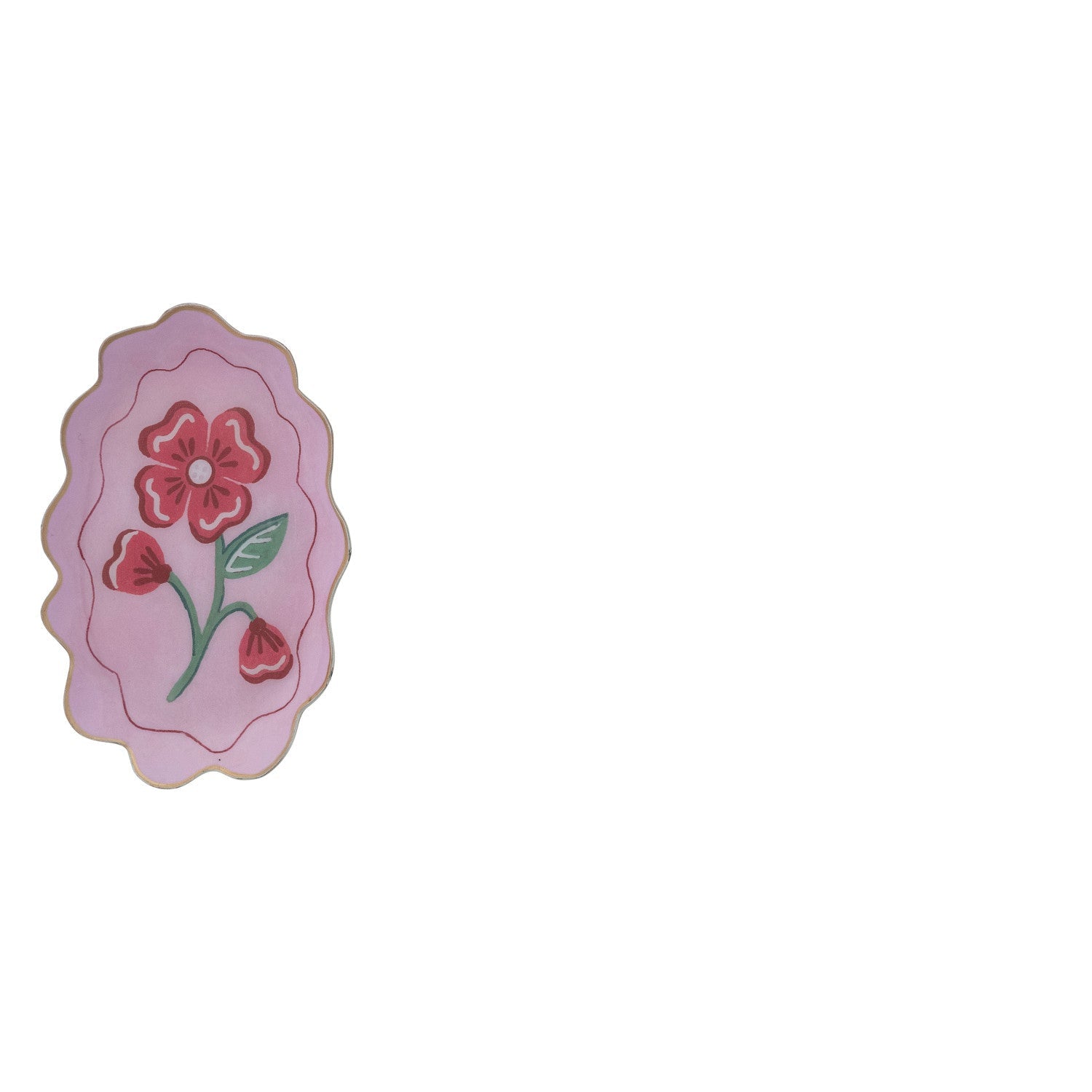 oval pink tray with bright pink floral design in the center