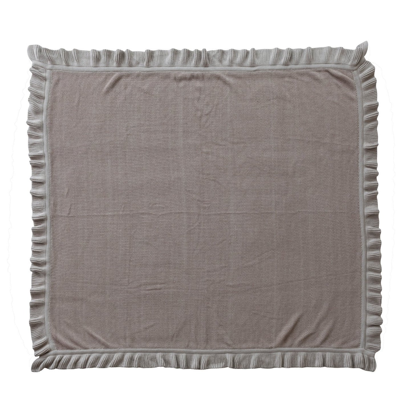 taupe Cotton Knit Throw with Ruffle laying flat on a white background