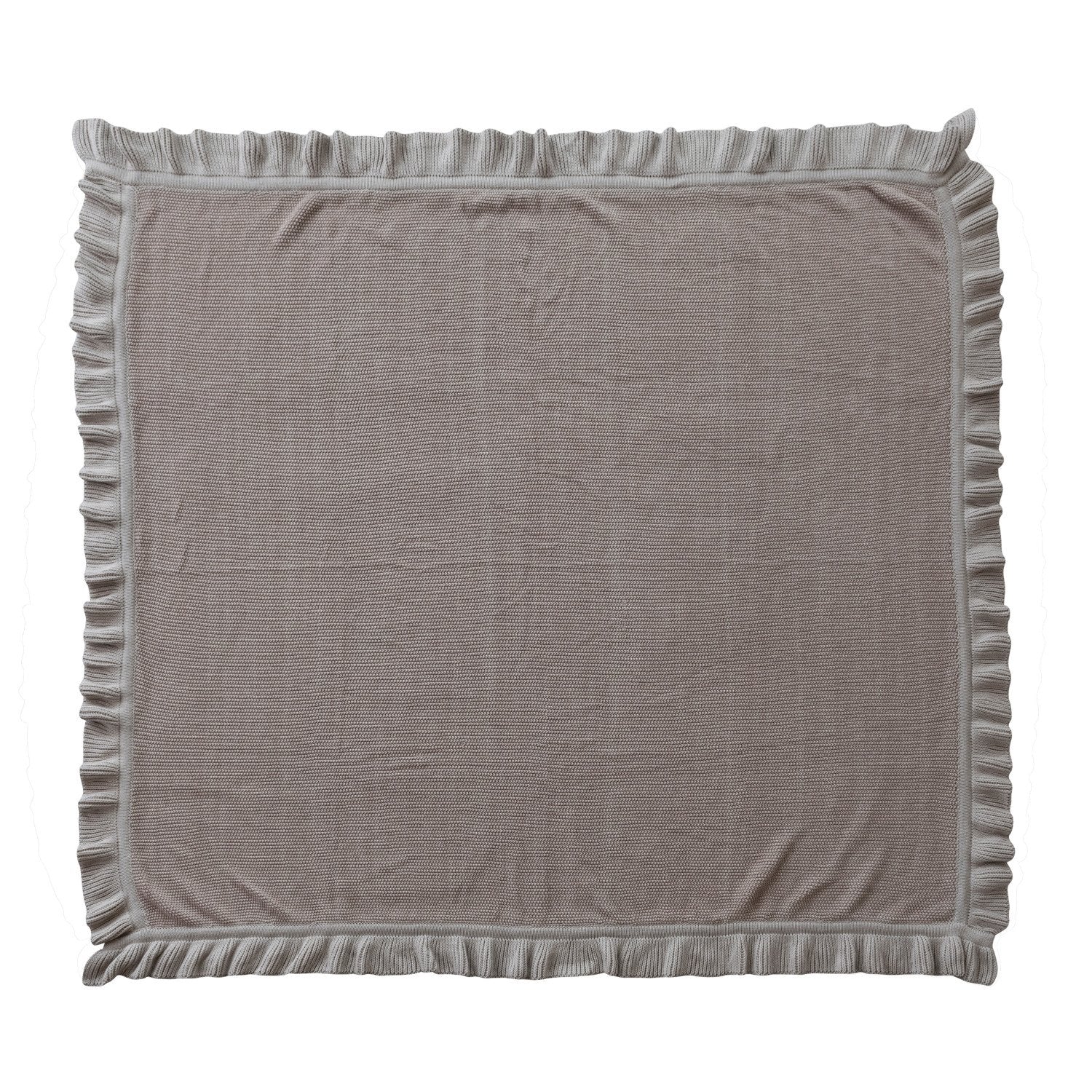 taupe Cotton Knit Throw with Ruffle laying flat on a white background