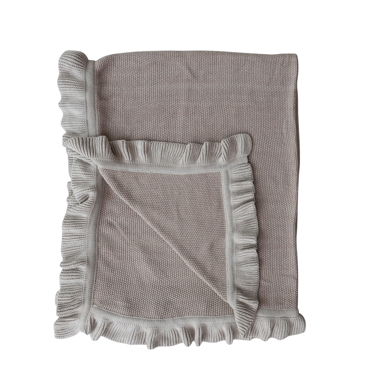 taupe Cotton Knit Throw with Ruffle folded  and shown on a white background