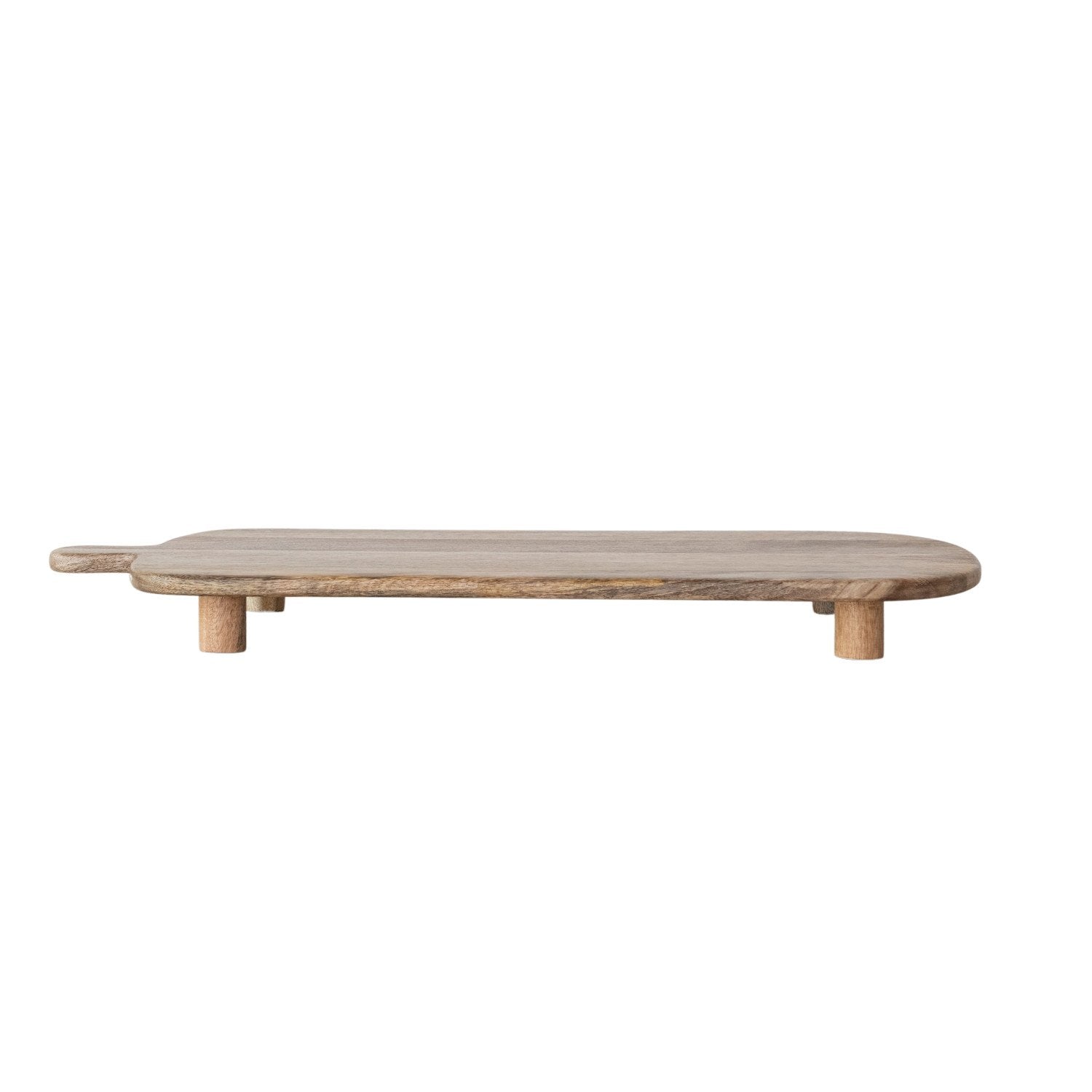 side view of footed wooden board on white background