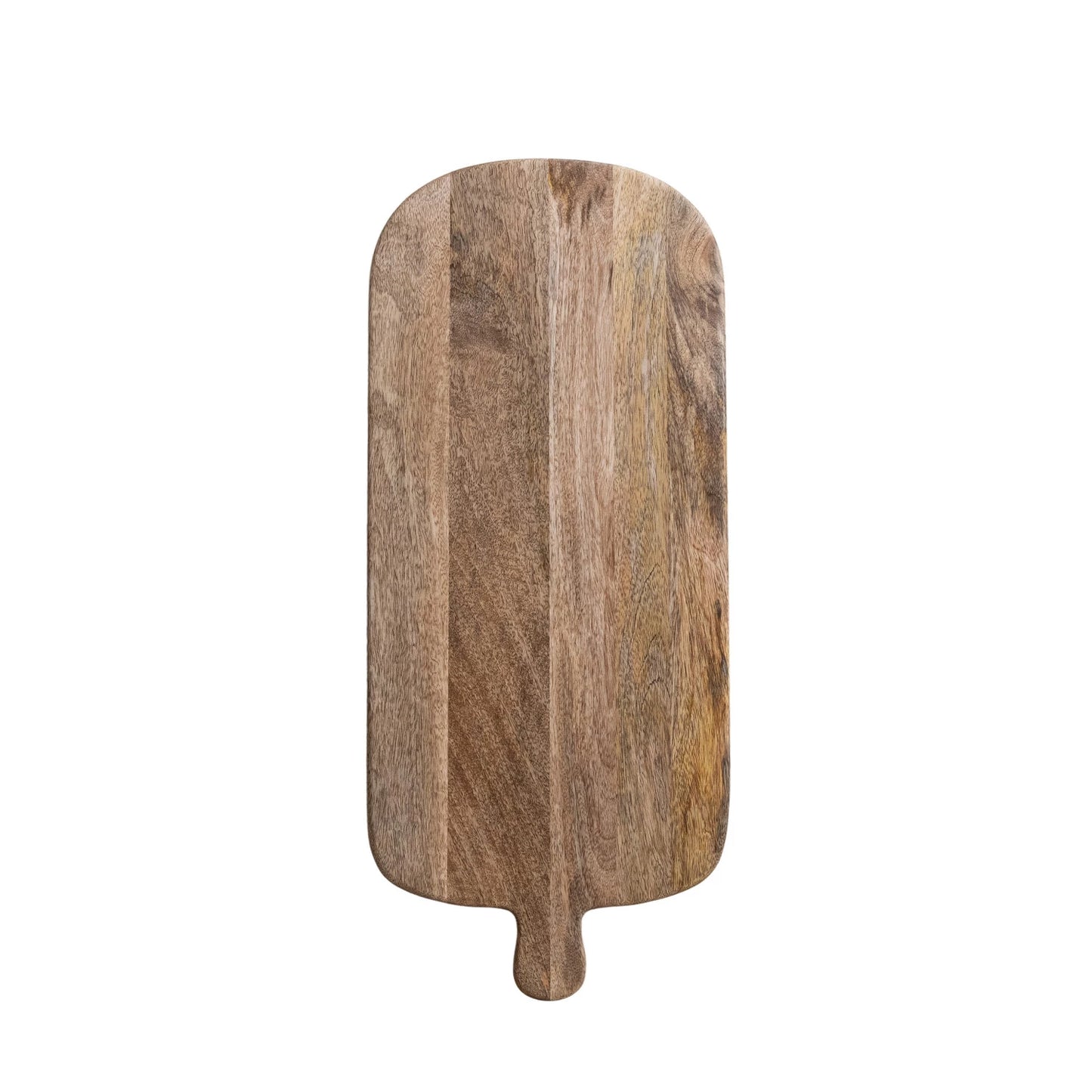 top view of footed wooden cutting board with a handle on a white background