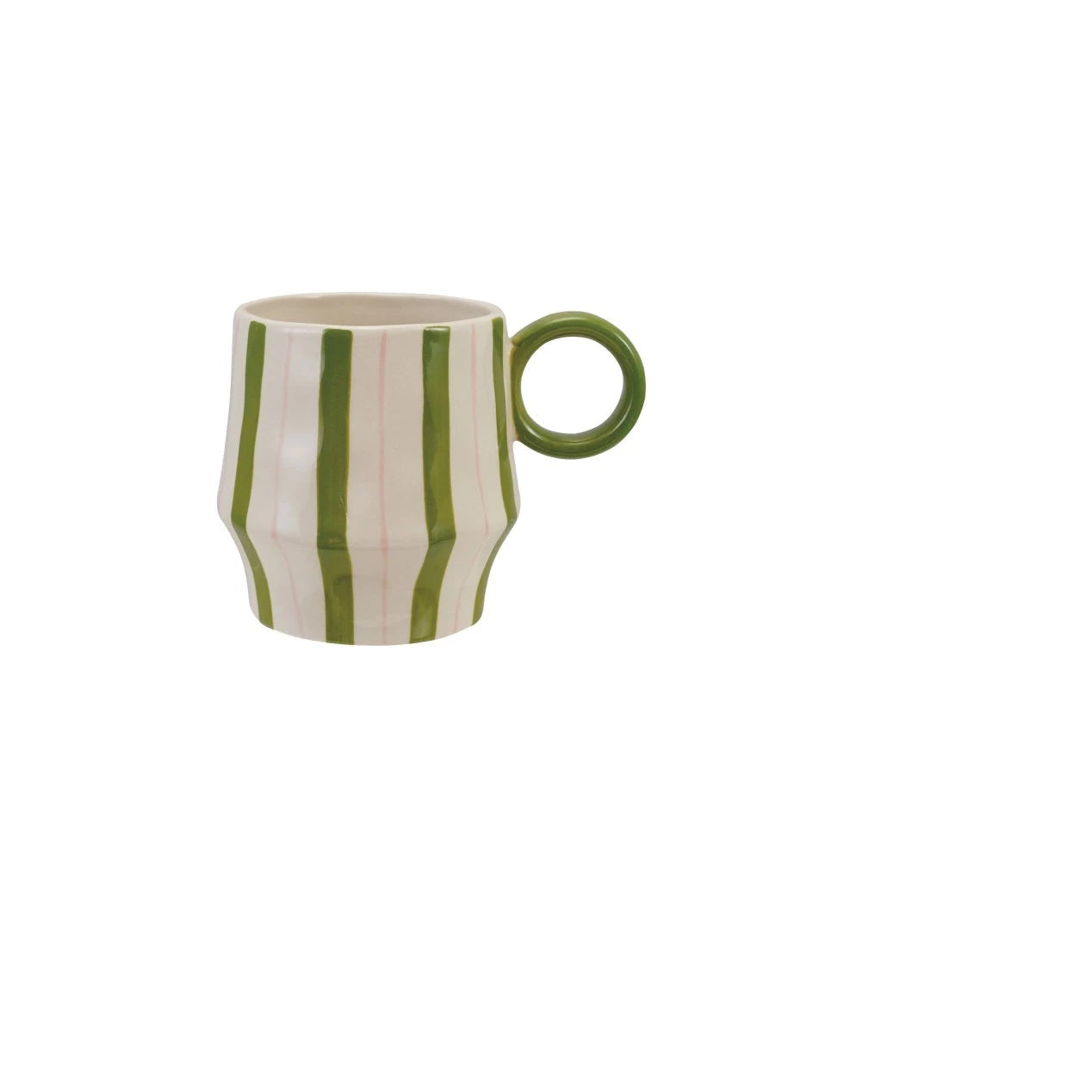 off white mug with green and pink stripes and green ring handle