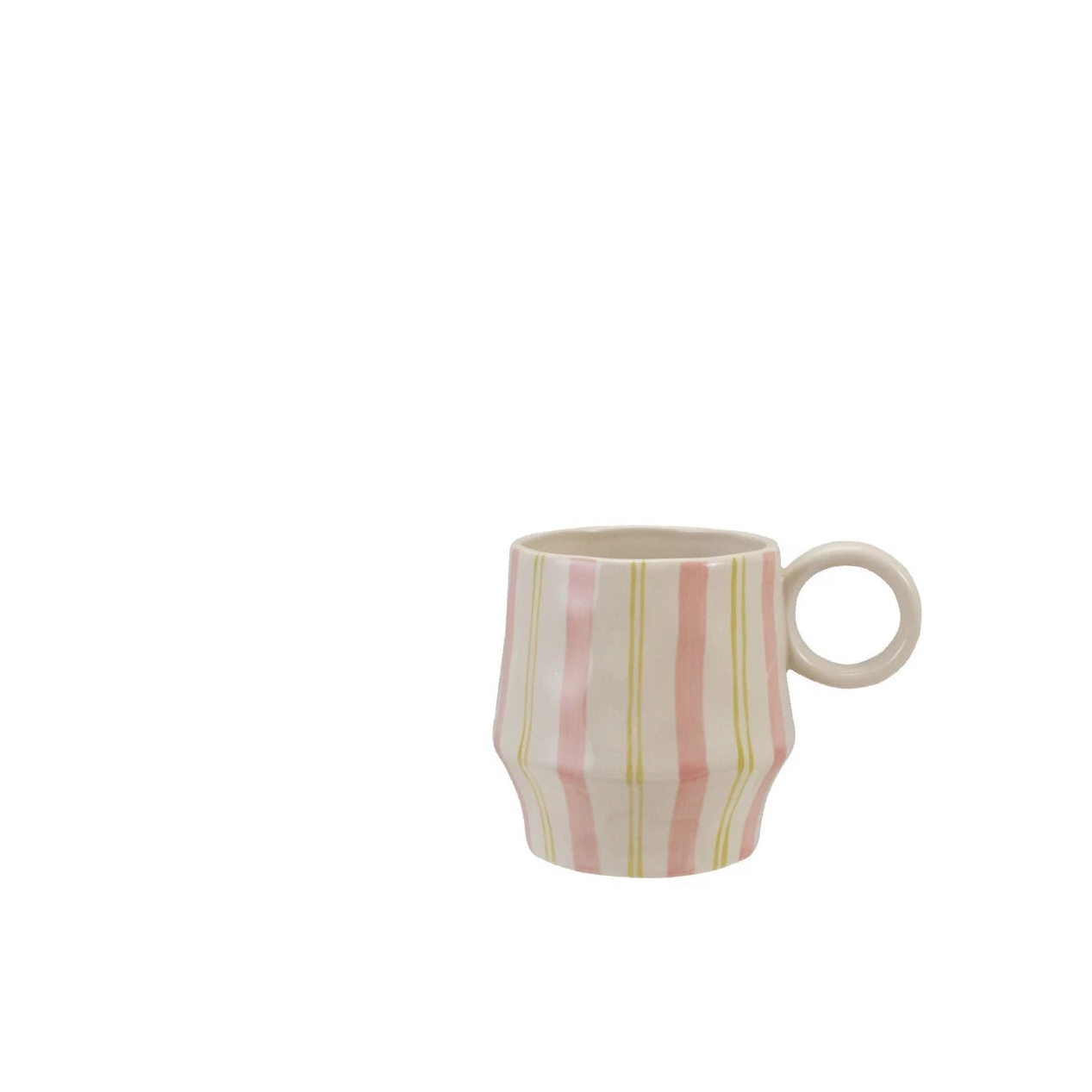 off white mug with pink  and lime green stripes and ring handle