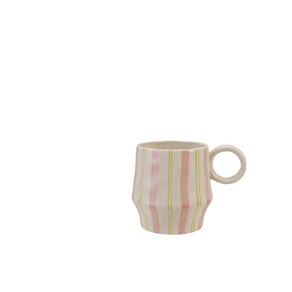 off white mug with pink  and lime green stripes and ring handle