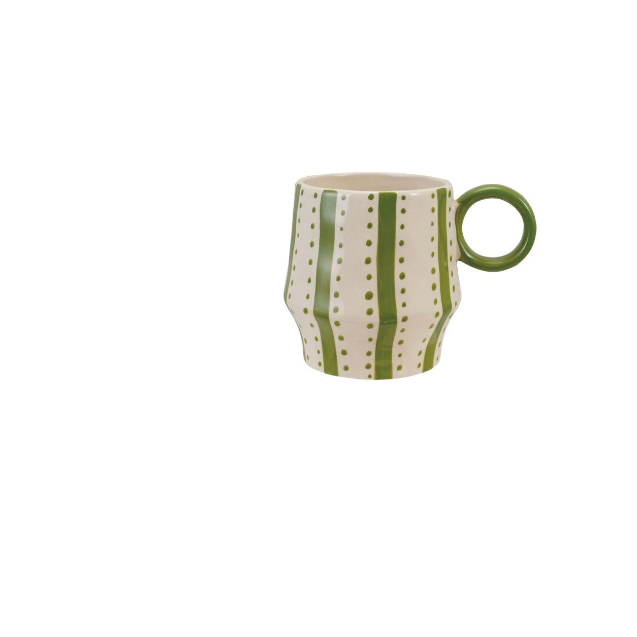 off white mug with green stripes and dots and green ring handle