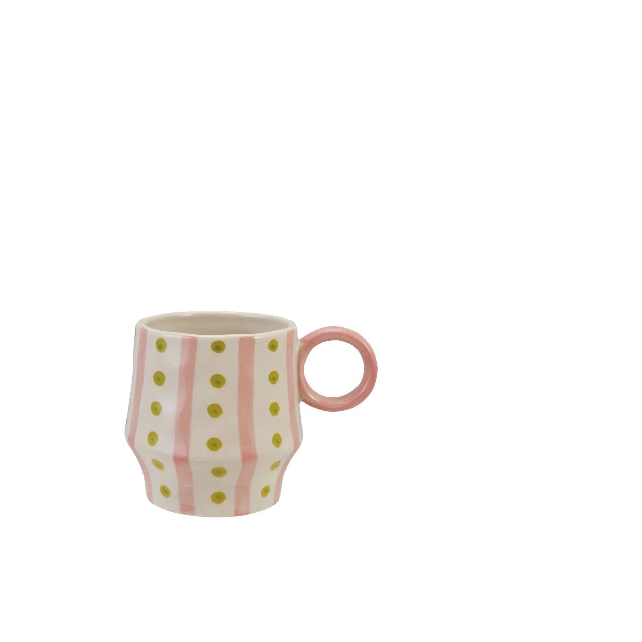 off white mug with pink stripes and green dots and a pink ring handle