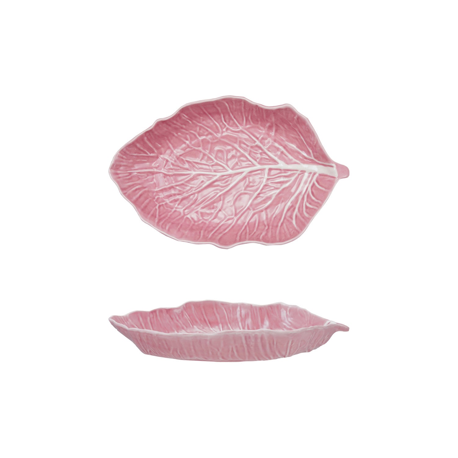 top and side views of a pink cabbaged shaped platter