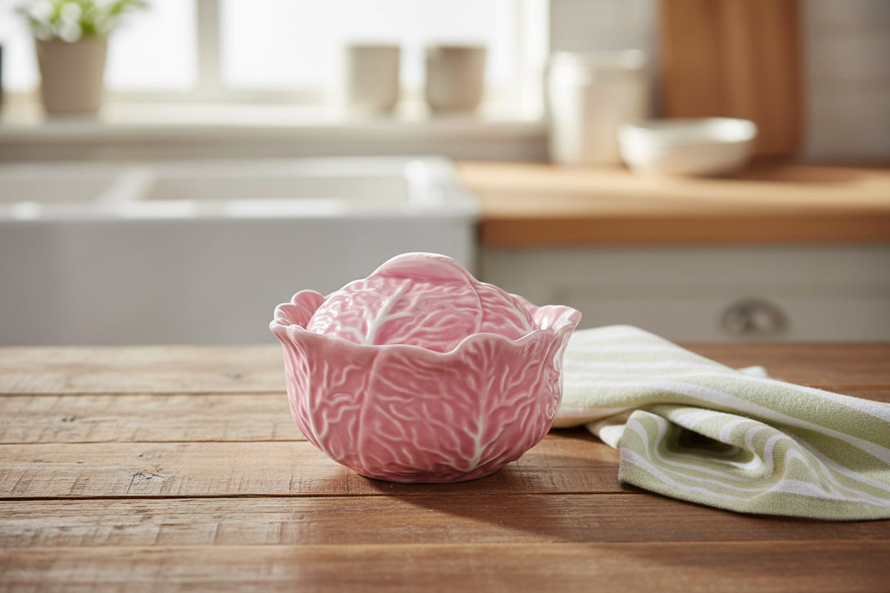 Pink ceramic cabbage-shaped baker with lid on a wooden surface with a kitchen background