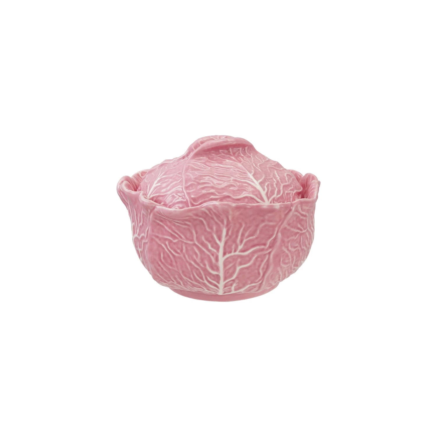 Pink ceramic cabbage-shaped tureen with lid on it shown on a white background