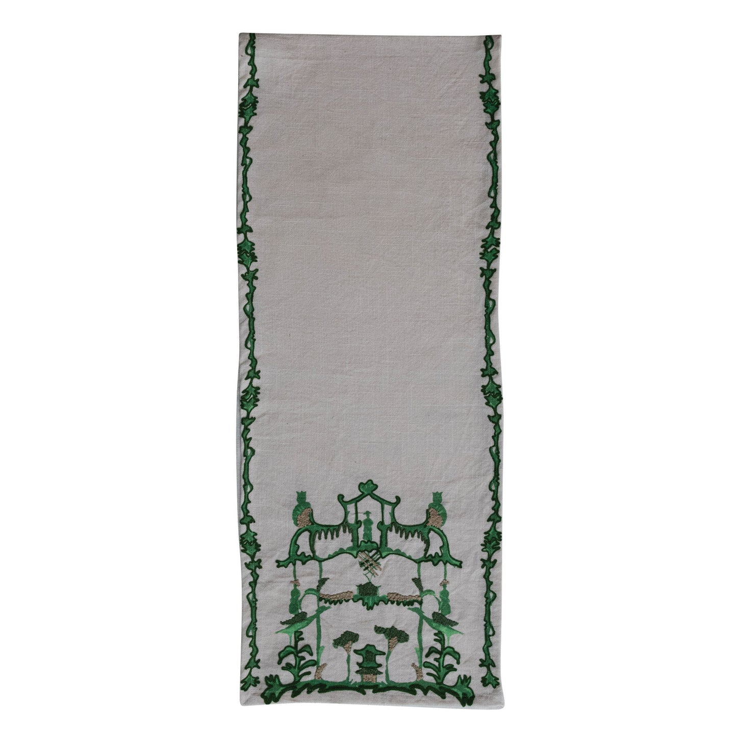 Cream & Green Woven pagoda Embroidered Table Runner on a white background