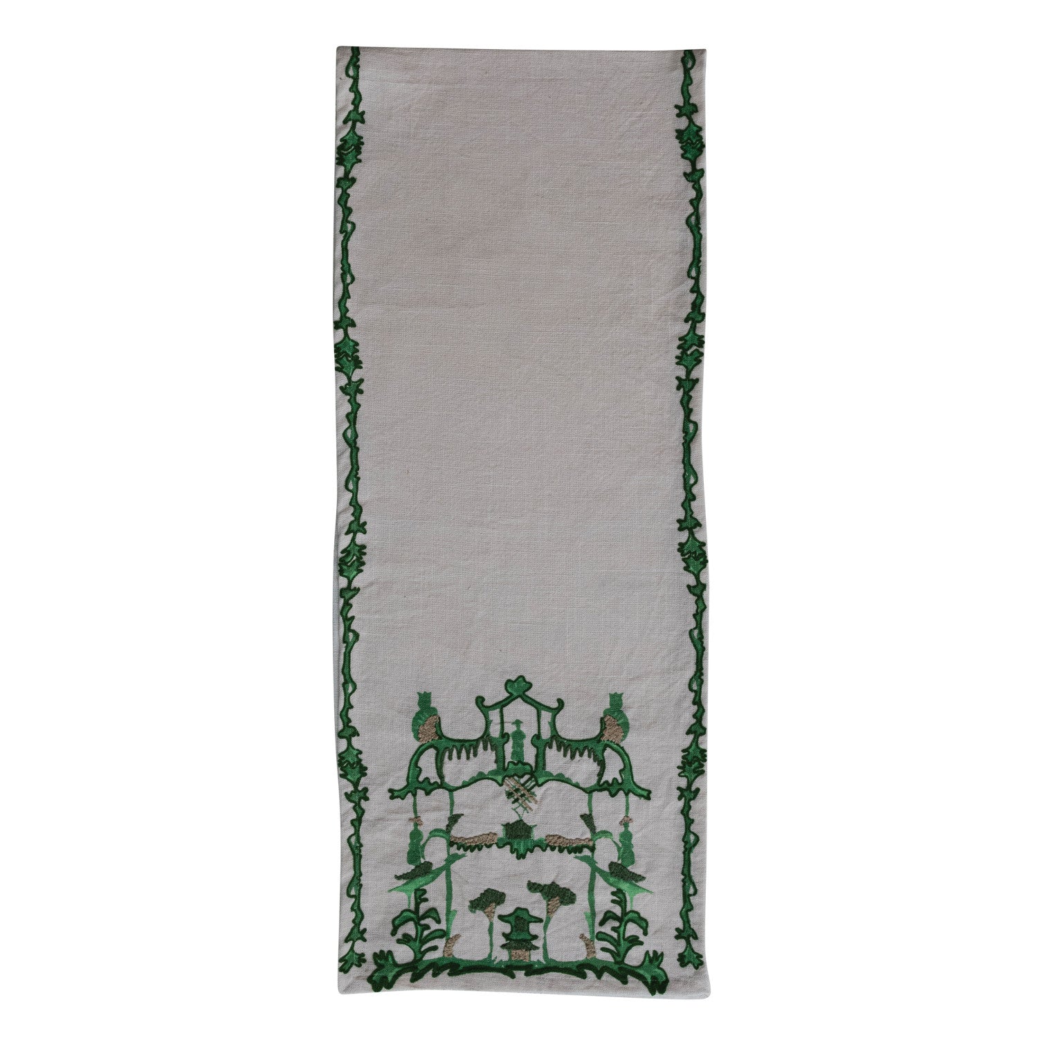 Cream & Green Woven pagoda Embroidered Table Runner on a white background