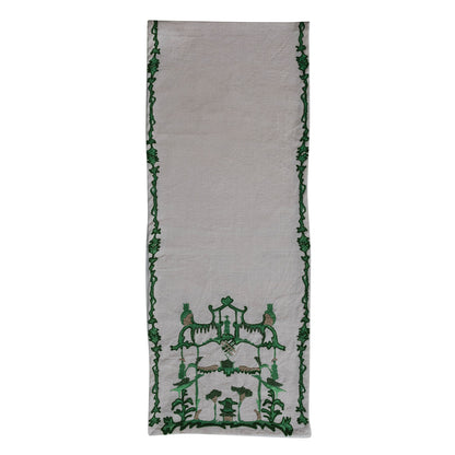 Cream & Green Woven pagoda Embroidered Table Runner on a white background