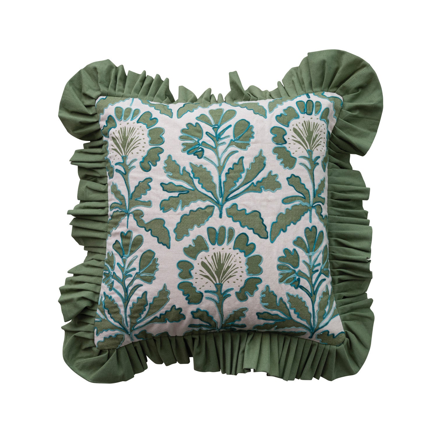 front view of the Ruffled Square Pillow with Embroidered Floral Pattern 