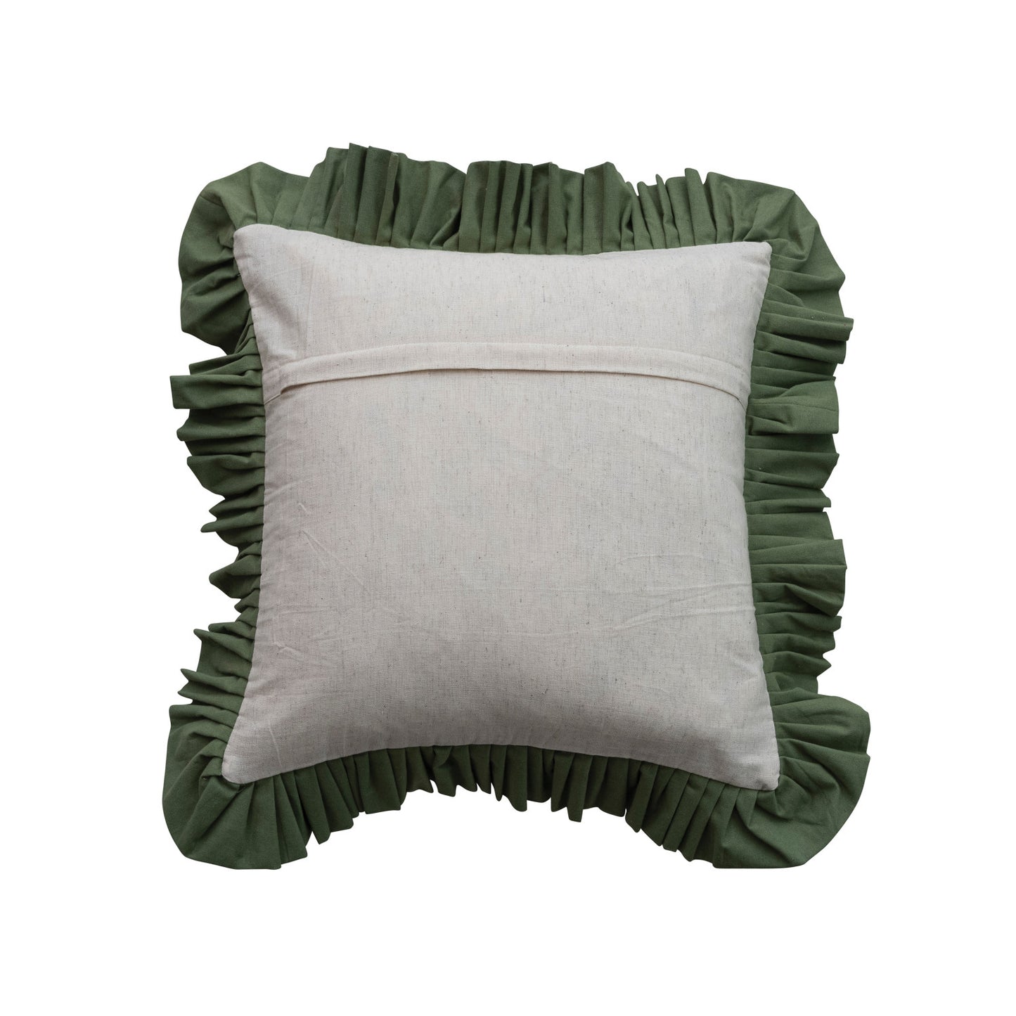 back view of the Ruffled Square Pillow showing solid natural hue and zipper opening