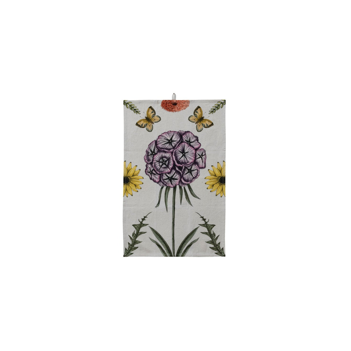 tea towel with a large purple flower in the center and other florals around it and small butterflies at the top