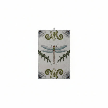 tea towel with large dragonfly in the center and botanicals surrounding it