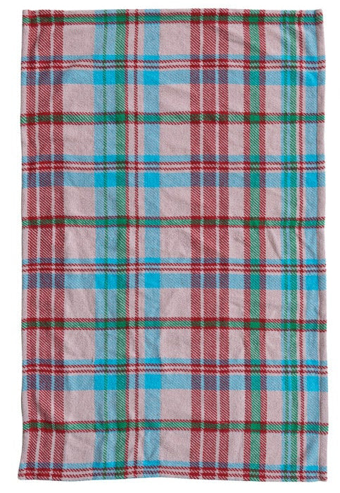 plaid dishtowel with red blue and green stripes