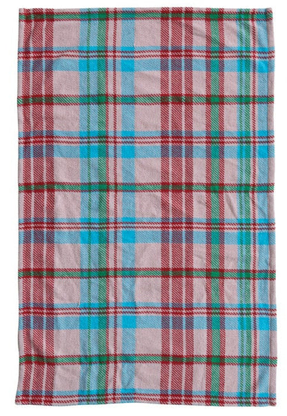 plaid dishtowel with red blue and green stripes