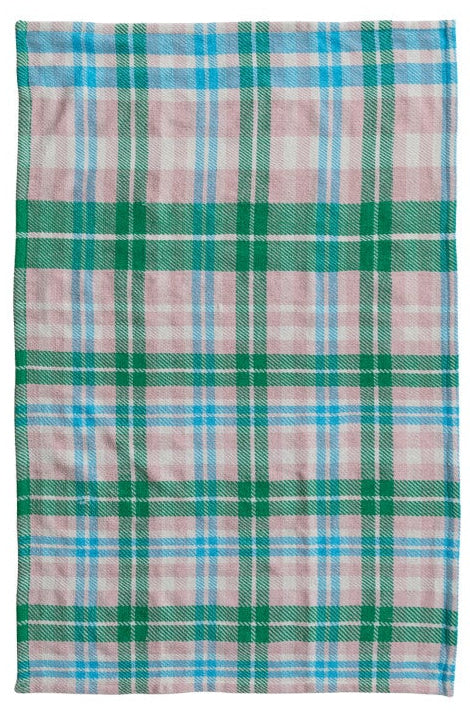 plaid dishtowel with blue, green, and pink stripes
