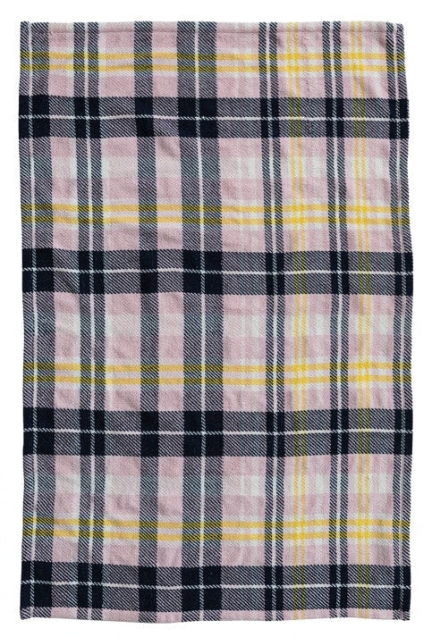 plaid dishtowel with with navy yellow and pink stripes