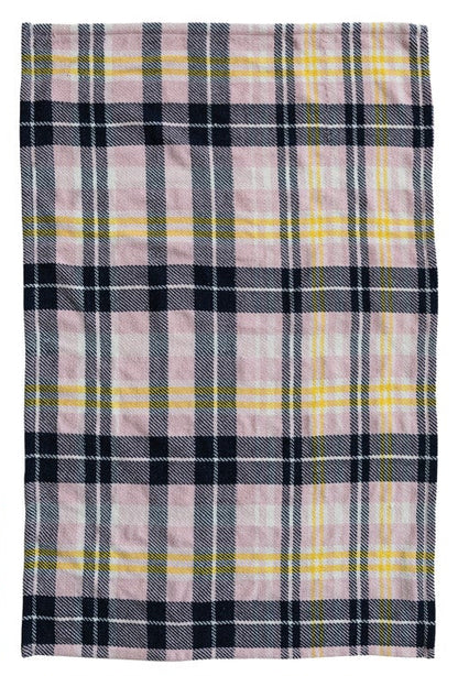 plaid dishtowel with with navy yellow and pink stripes